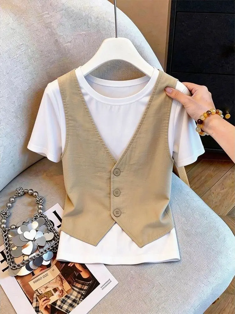 

Slim Fit Short Sleeve T-Shirt Women's Fashionable Patchwork Casual Style Button Detail Fake Two-Piece Style round Neck Top