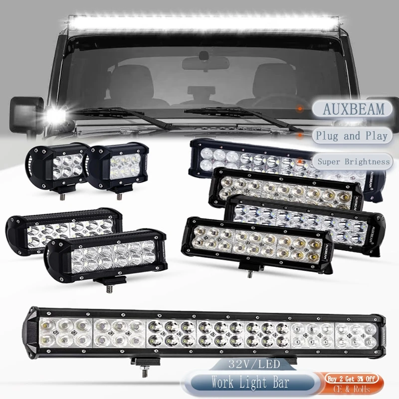 Auxbeam 18W/36W/72W/126W/198W Dual Row LED Work Light Bar for Truck Pickup Offroad 32V IP67 50,000 hours 6pcs 3w chips 6000K