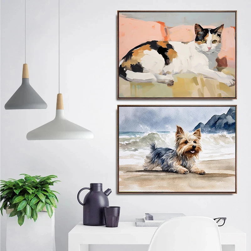 Watercolor Calico Cat Yorkshire Bichon Frise Poster Cute Family Pets Canvas Painting Vibrant Wall Art Picture Office Home Decor
