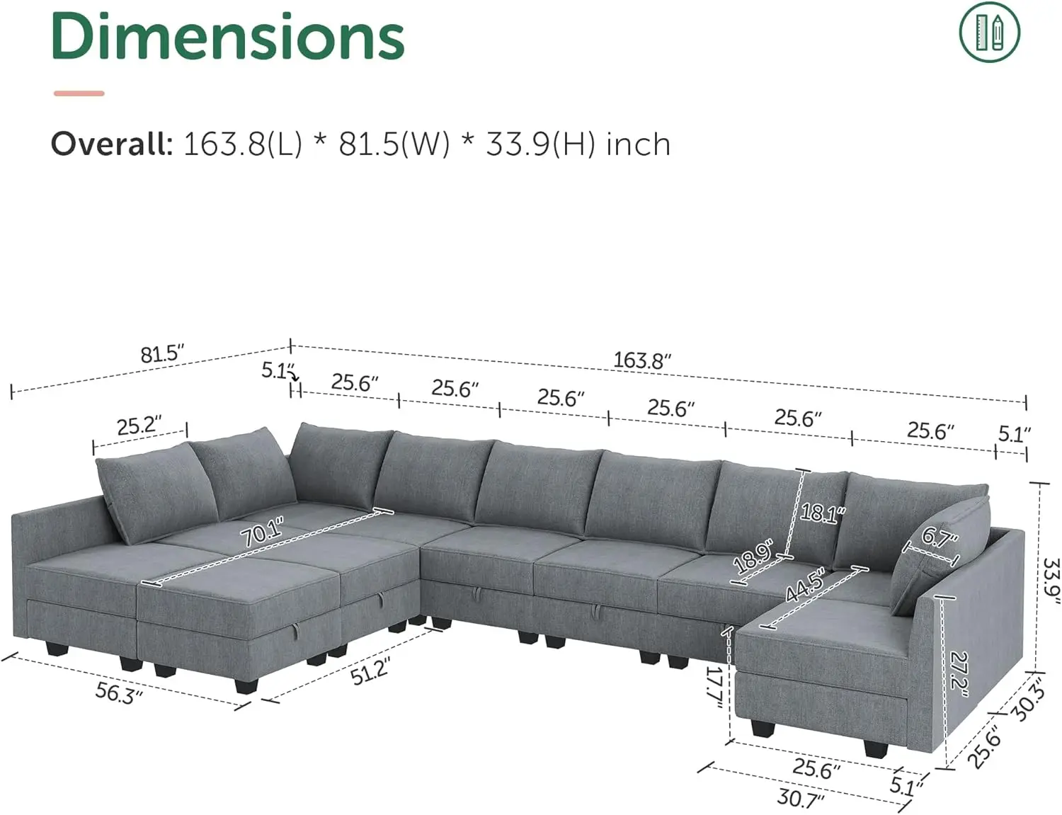 Convertible U Shaped Modular Sofa Sectional Modular Couch with Chaise Oversized Sofa Sleeper Couch for Large Living Room