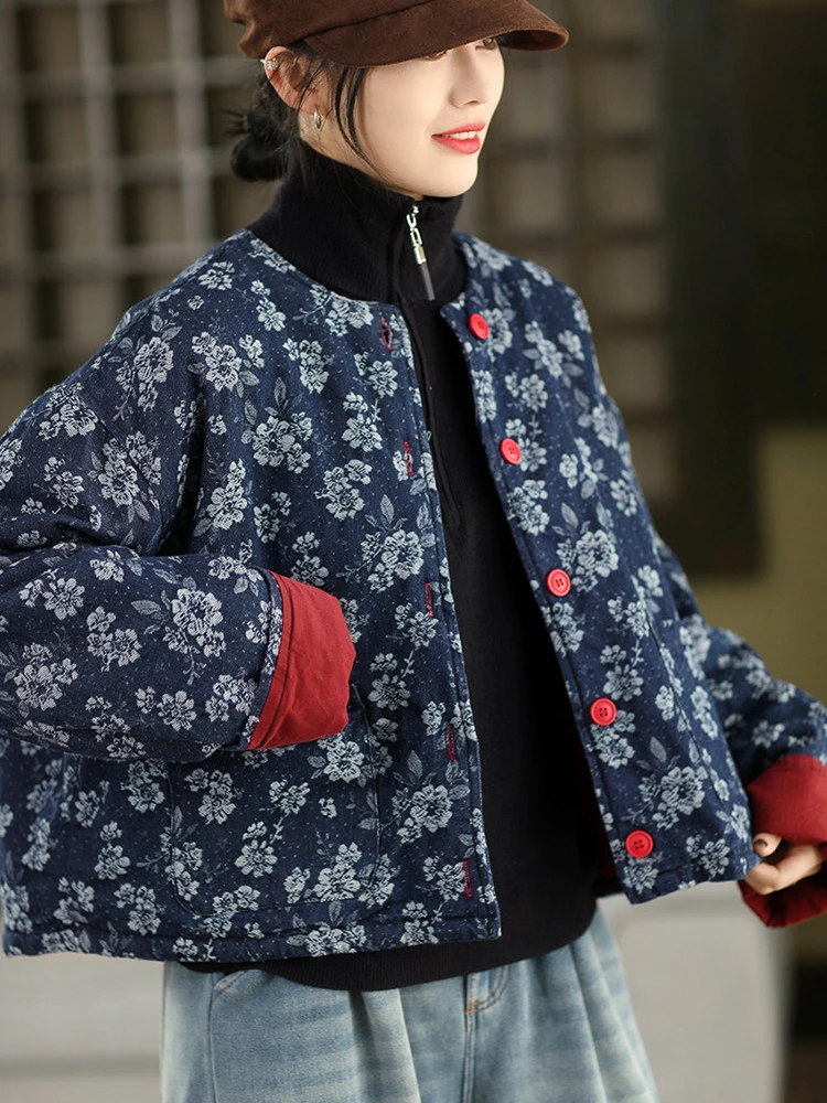 

Женские стеганые пальто с длинным рукавом, новинка 2025 года, зимние, винтажный стиль, с круглым вырезом, с цветочным принтом, толстые теплые утепленные куртки M2227