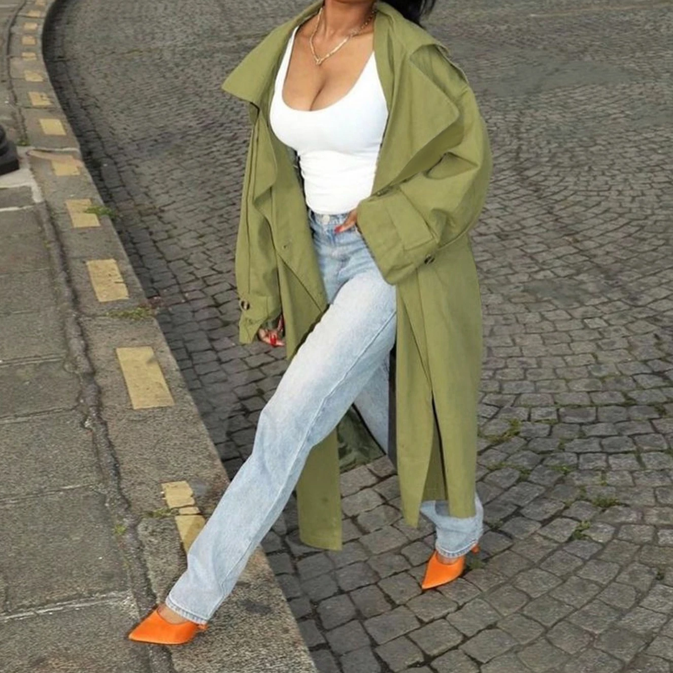 

Женские плащи оверсайз, однотонная длинная куртка с длинными рукавами и отложным воротником, однобортный, свободный крой, повседневный, весна-осень 2023 г.