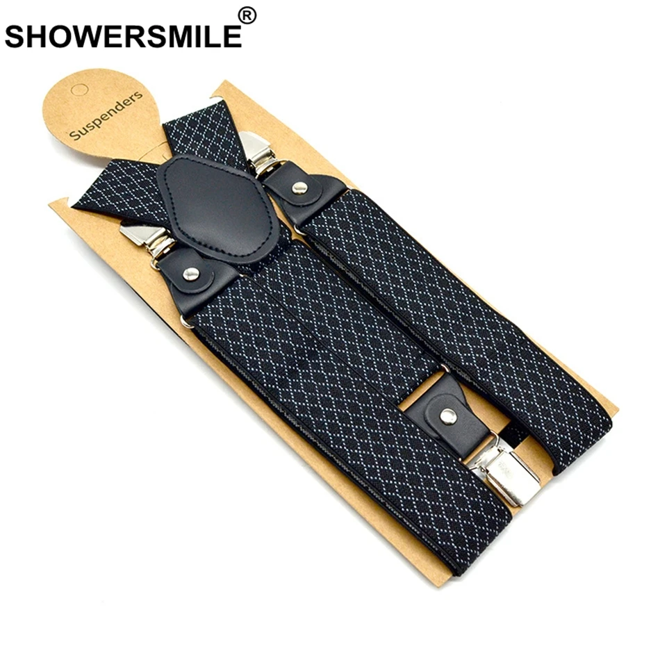 SHOWERSMILE Plaid Suspenders Men Business Y Back Braces Straps 3.5cm Wide Suspenders Clips 3 Mens Trouser Belt Black Suspender