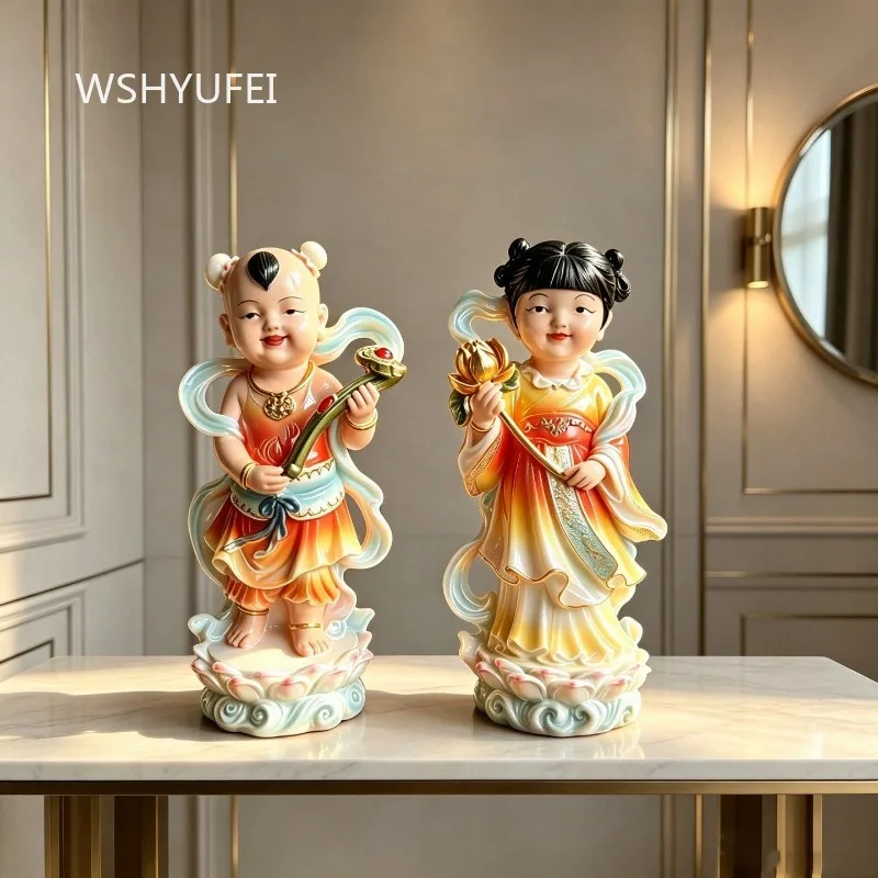 Colorful Resin Boy and Girl Statue Chinese Gold Boy Jade Girl Figurines Holding Lotus and Ruyi for Home Blessing Decor