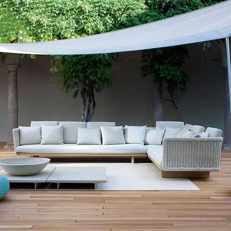 Outdoor solid wood leisure sofa coffee table combination, villa outdoor open-air terrace rattan sofa courtyard furniture