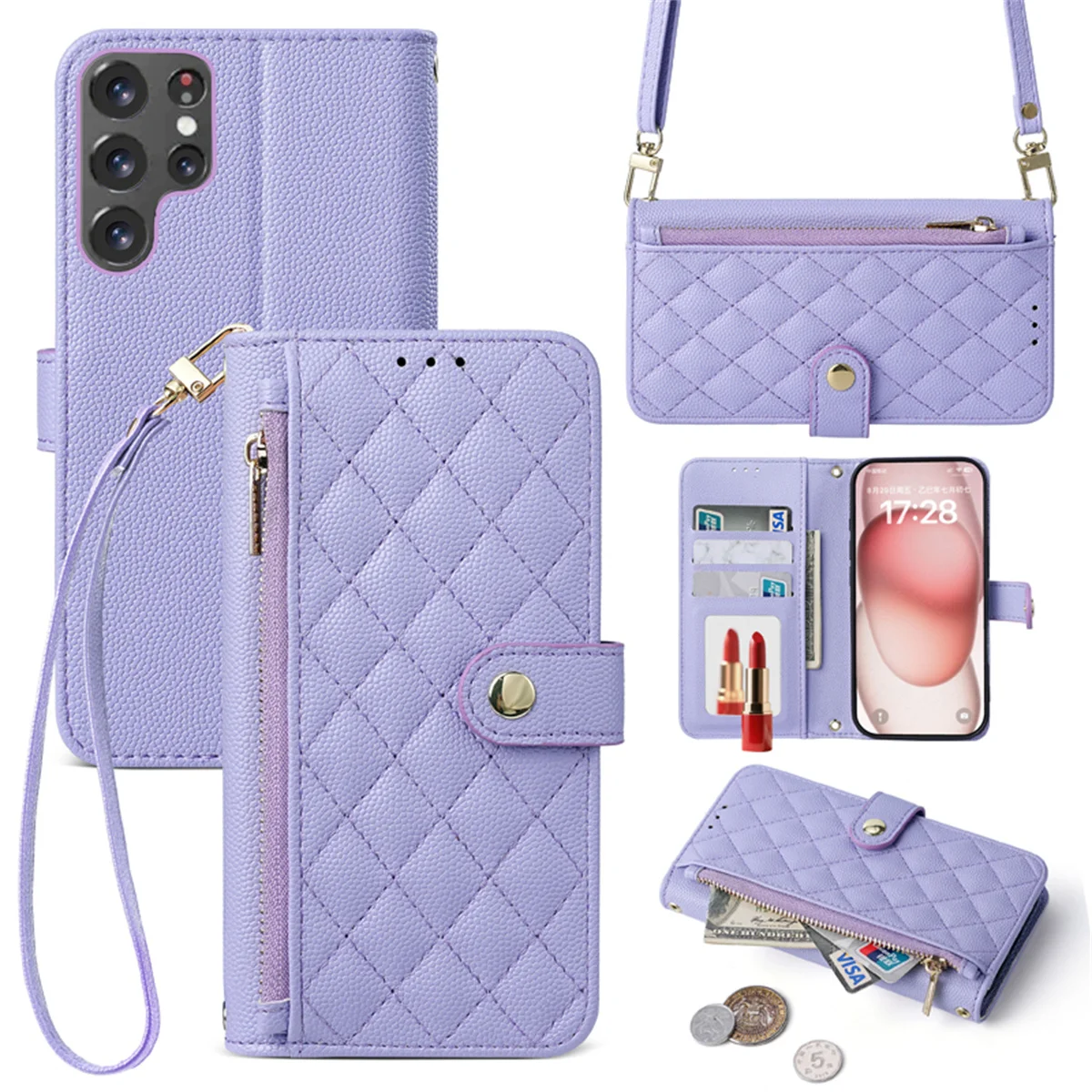 Crossbody Strap Leder Telefon Fall für Samsung Galaxy S25 FE S23 Ultra S24 Plus Flip Zipper Brieftasche Karte Schützen Abdeckung coque