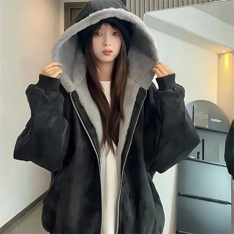 

Hooded Mountain Carving Leather Coat Cotton Clothing Men's and Women's Winter Fleece Thickened Warm Sweater Collar Cotton Jacket