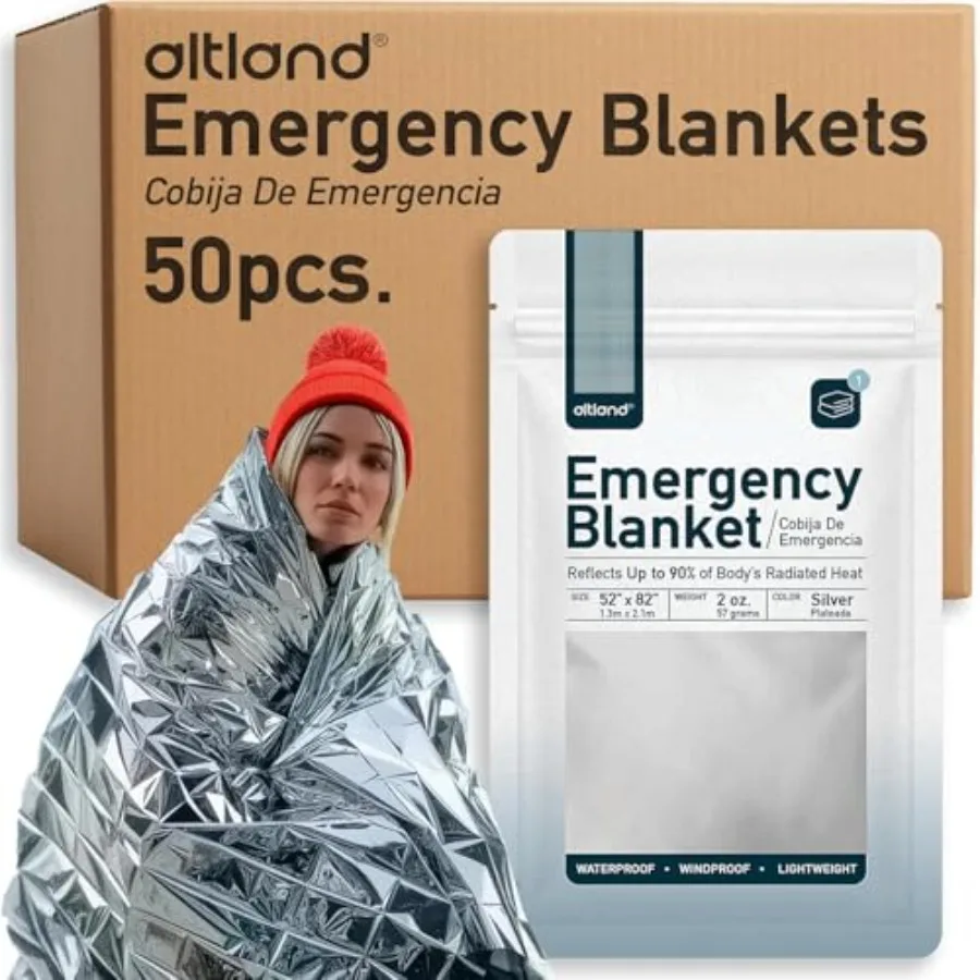 

50 Pack of Emergency Blankets - Bulk Heat Reflective Blankets for Winter Survival Kits Disaster Preparedness Cold Weather Campi