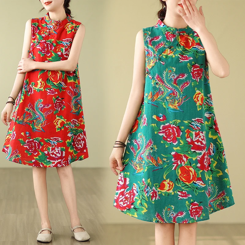 Été chinois Sle grande fleur imprimé Dr femmes Svel a-ligne jupe robe coton lin tissu col montant t-shirt boutons