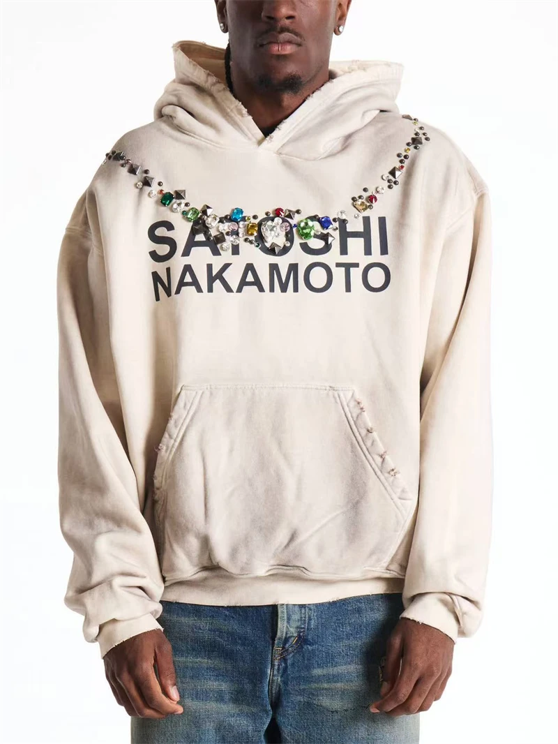 Autumn/Winter SN Necklace Letter Print Washed Vintage Hoodie High Street Casual Cotton Loose Sports Versatile Trendy Tops Men