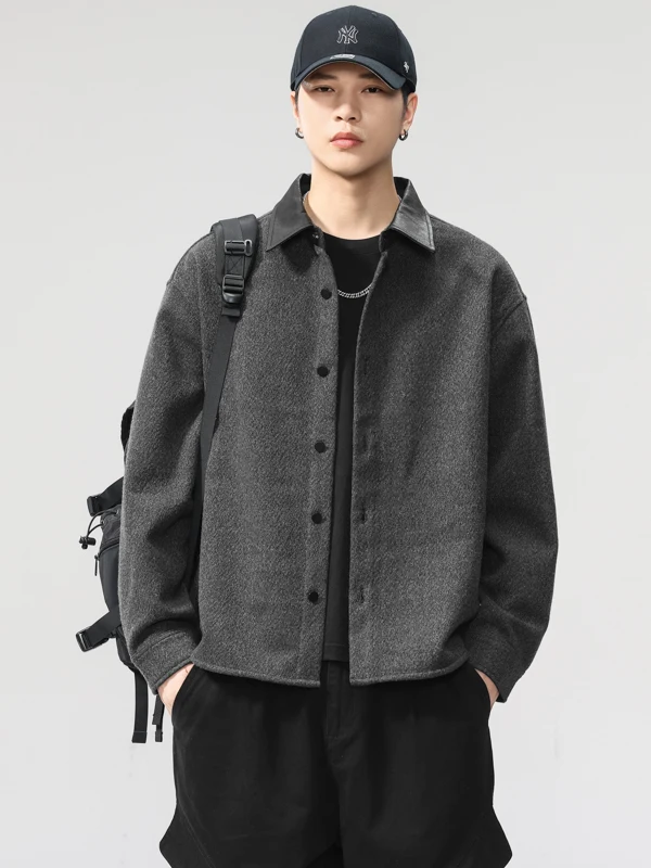 

American High-End Heavyweight Leather Casual irt Men's Loose Long Sve Notch Collar Tweed Coat Autumn Trendy Workwear Sle