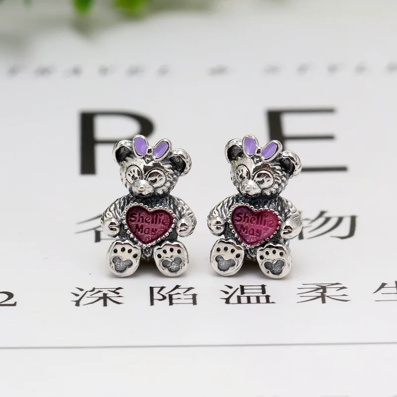 New Original 925 Sterling Silver Beads Bear Animal Charm Blue Red Enamel Fit Pan Brand Bracelets Women DIY Jewelry Dropship