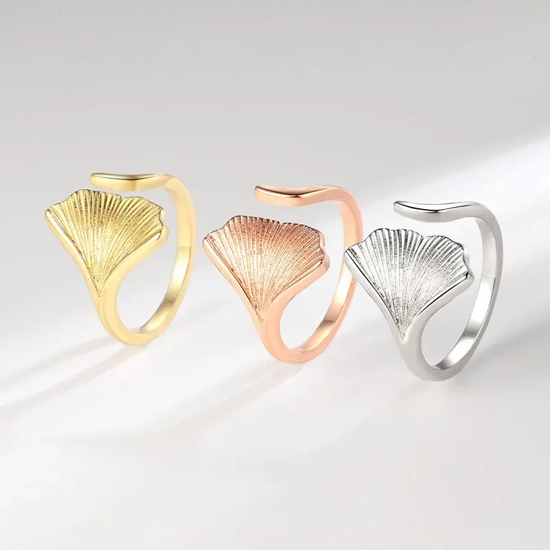 Anillos Vintage con forma de hoja de Gingko para mujer, anillos abiertos ajustables con forma de hoja de planta, accesorios de joyería de anillo de acero inoxidable