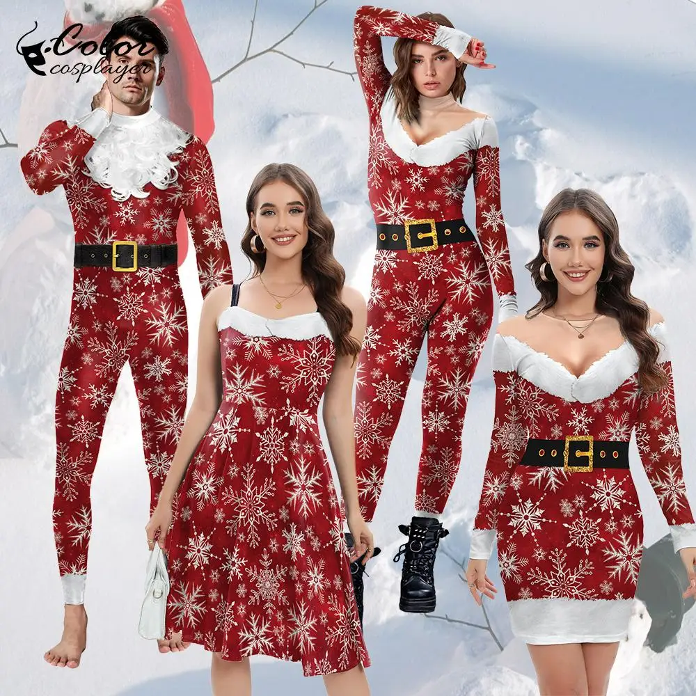 

Color Cosplayer Christmas Dress Santa Claus Cosplay Costume Carnival Xmas Girls Jumpsuit Snowflake 3D Printed Bodysuit Gown