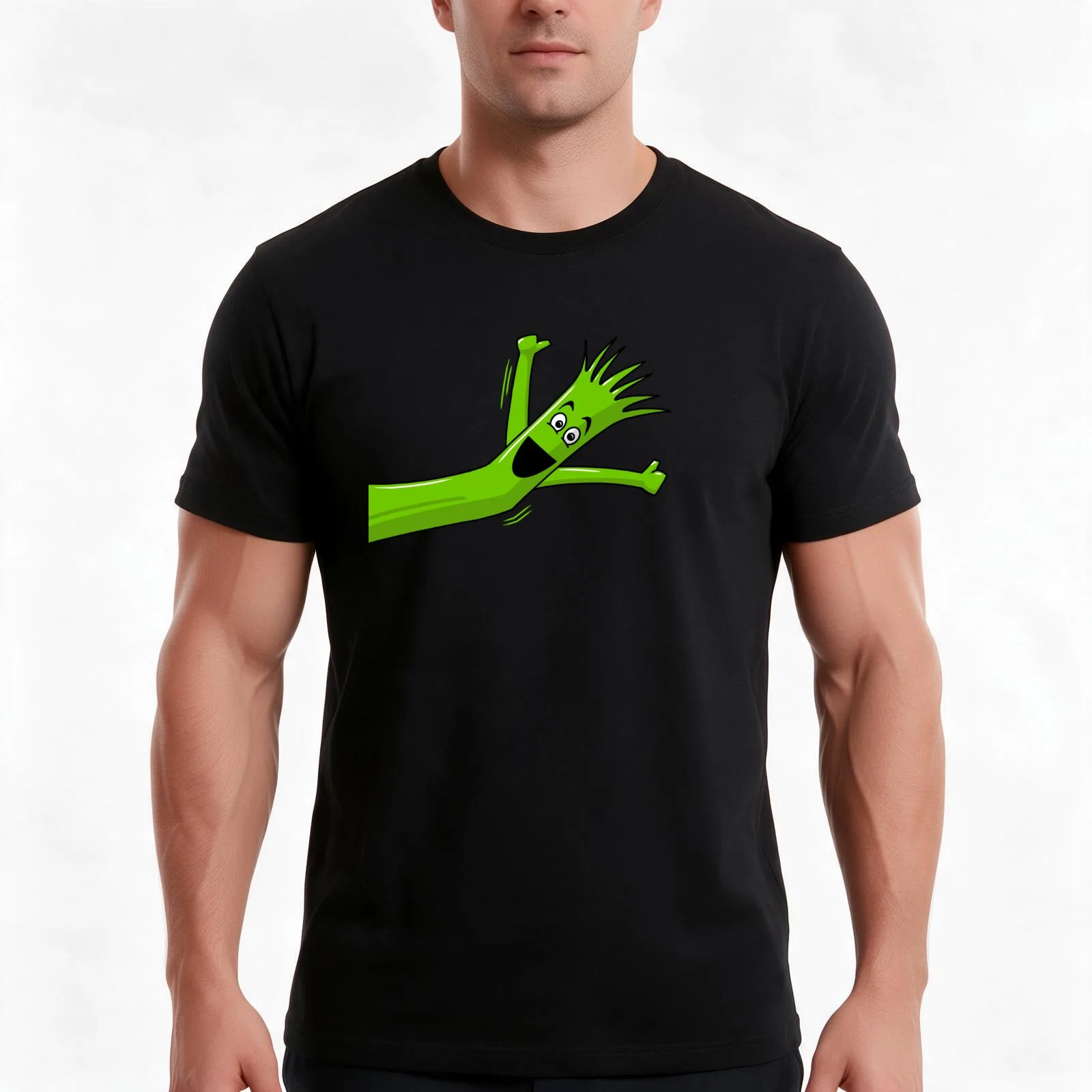 Green Wacky Waving Inflatable Arm Flailing Tube Man Portrait T-Shirt, Summer Casual Cotton Tee, Oversized Streetwear Tops