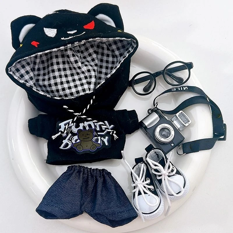 Macacão labubu pendurado de 15cm/17cm com padrão de urso, sapatos para câmera, roupas adoráveis para bebês, acessórios para festa sentada