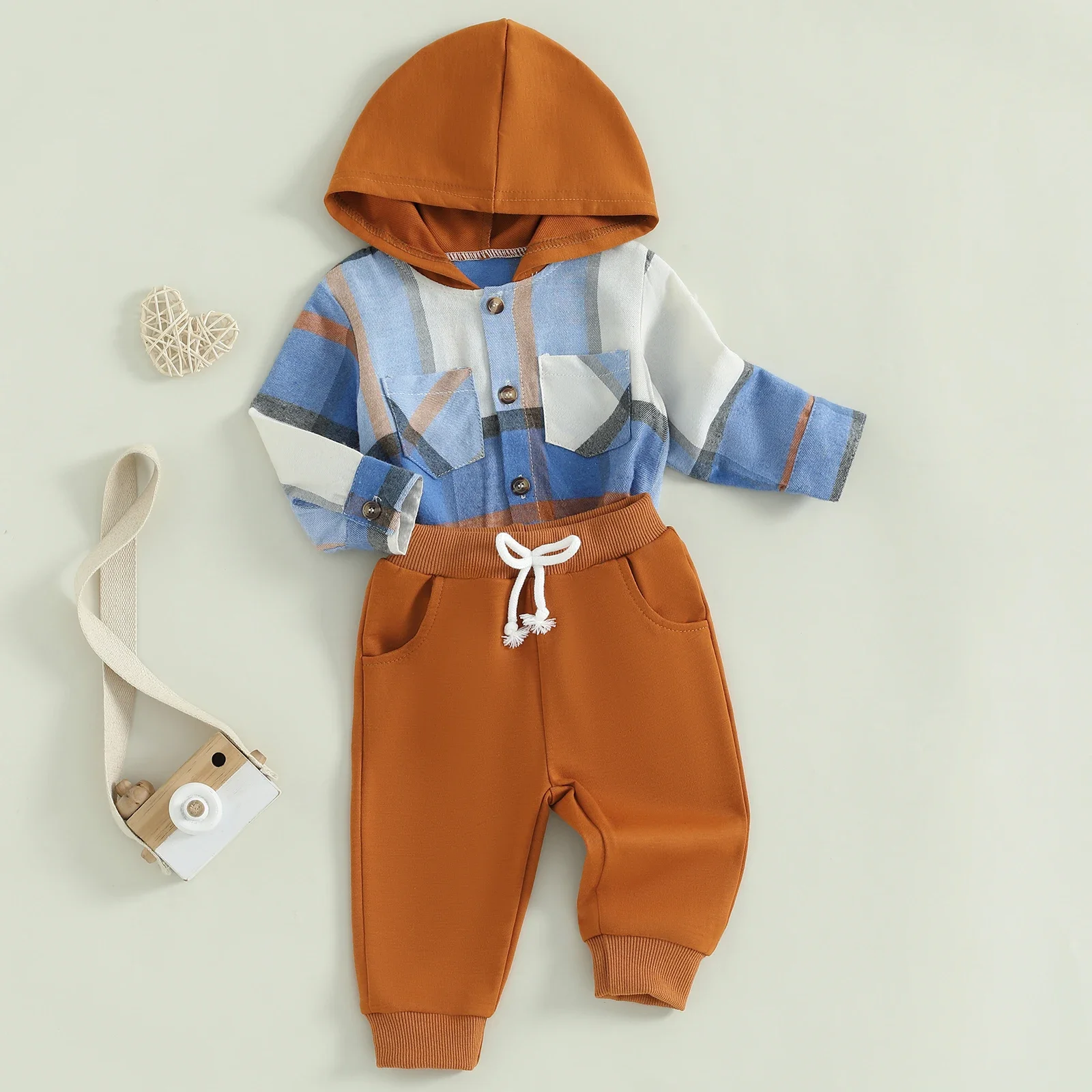 

Infant Baby Boys Clothing 2pcs Set Plaid Bodysuits Children Pocket Button Long Sleeve Hooded Romper Long Trousers Outerwear