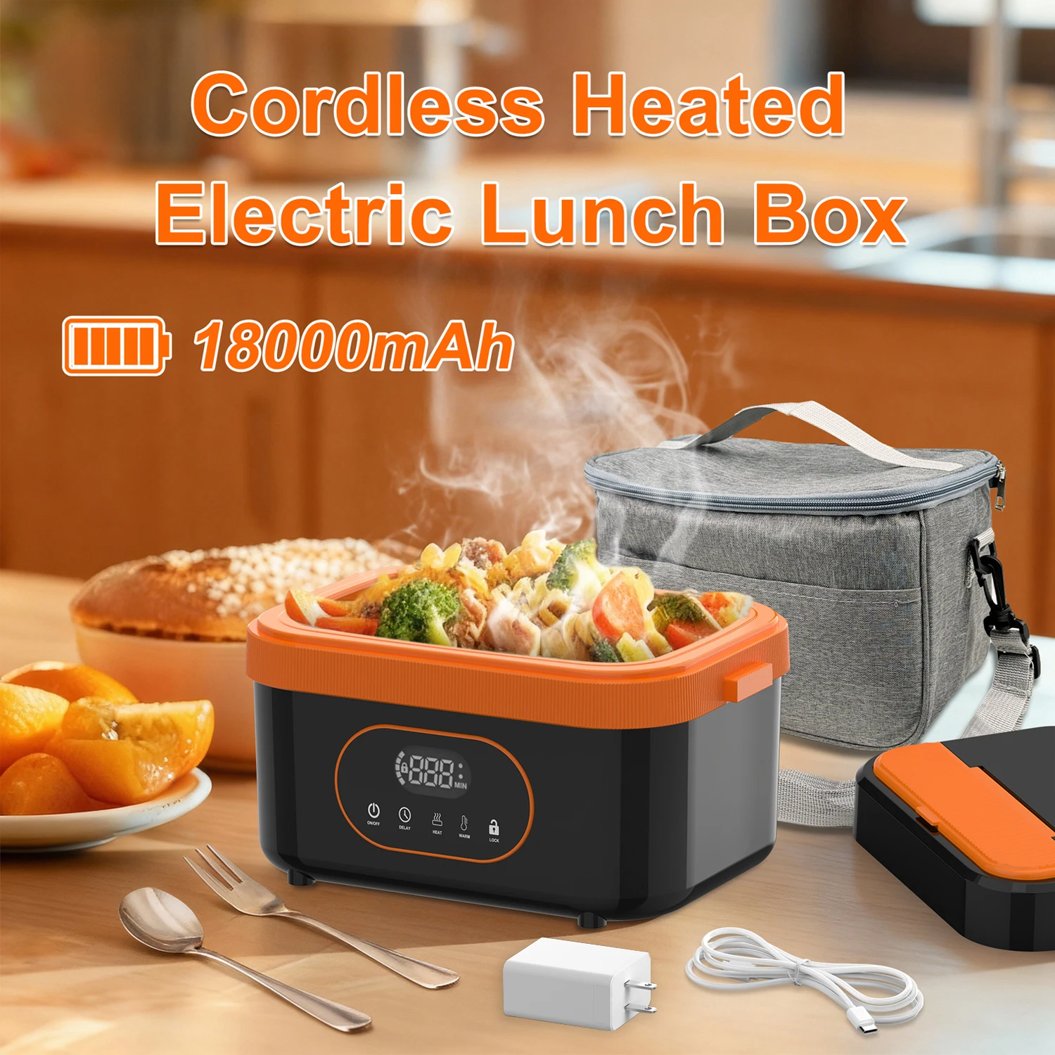 Boîte à déjeuner chauffante, boîte à déjeuner électrique sans fil avec chauffage programmé, chauffe-aliments Portable Rechargeable de 1,5 l avec affichage numérique