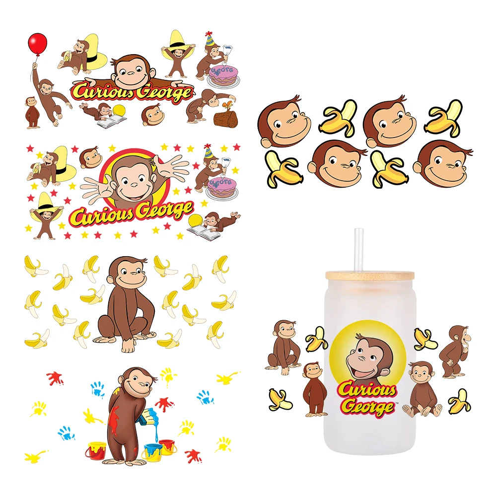 W Cartoon Monkey Curious George Disney Cup Sticker For Libbey 16oz Can Glass Waterproof Uv Dtf Coffee Can Wrap Libbey Glass Wrap