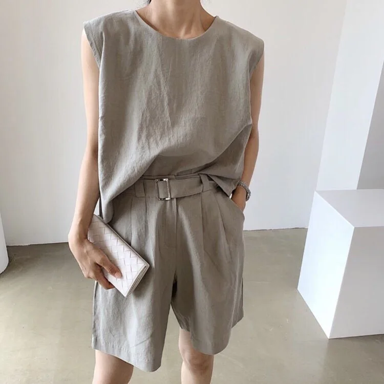 

Женский жилет-конверт, топ с застежкой на талии, свободный прямой крой, 5-точечный повседневный комплект брюк, моющийся летний наряд с поясом