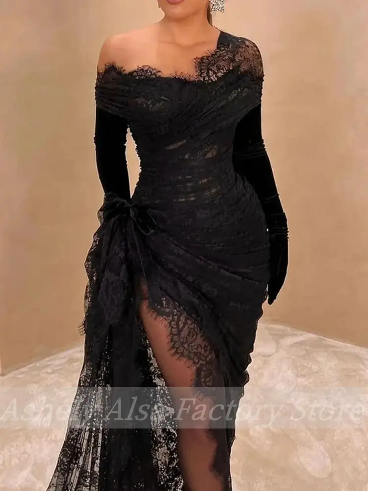 Customized Elegant Gothic Clubwear Party Dress Women Black Lace Formal Prom Dresses Sexy Mermaid Slit Occasion Cocktail Gown