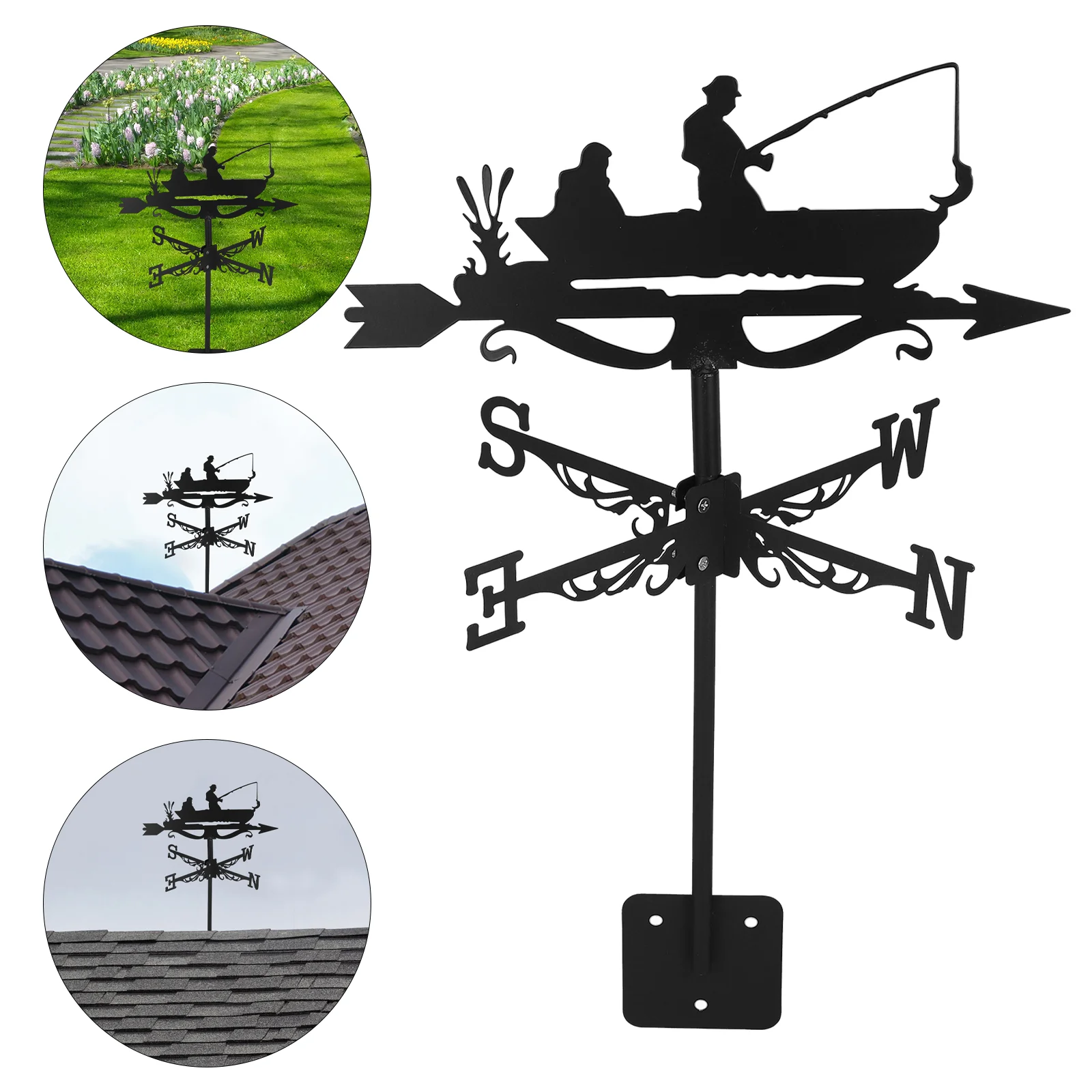 Metal Fishing Weathervane with Roof Mount Decorative Wind Vane for Garden and Patio Weather Direction Indicator for Farmhouse Ya