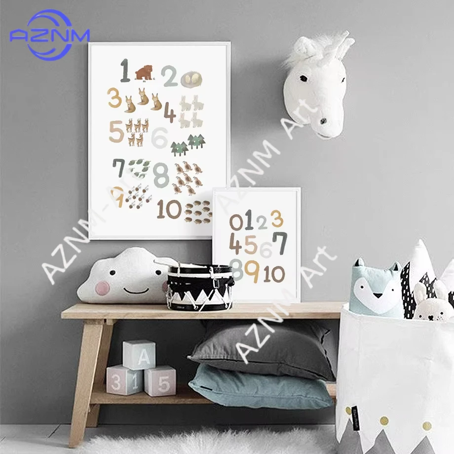 1/2pcs Education Learning Number Animals Nursery Wall Print Paper Canvas Painting Nordic Poster Wall Pictures Kids Room Decor