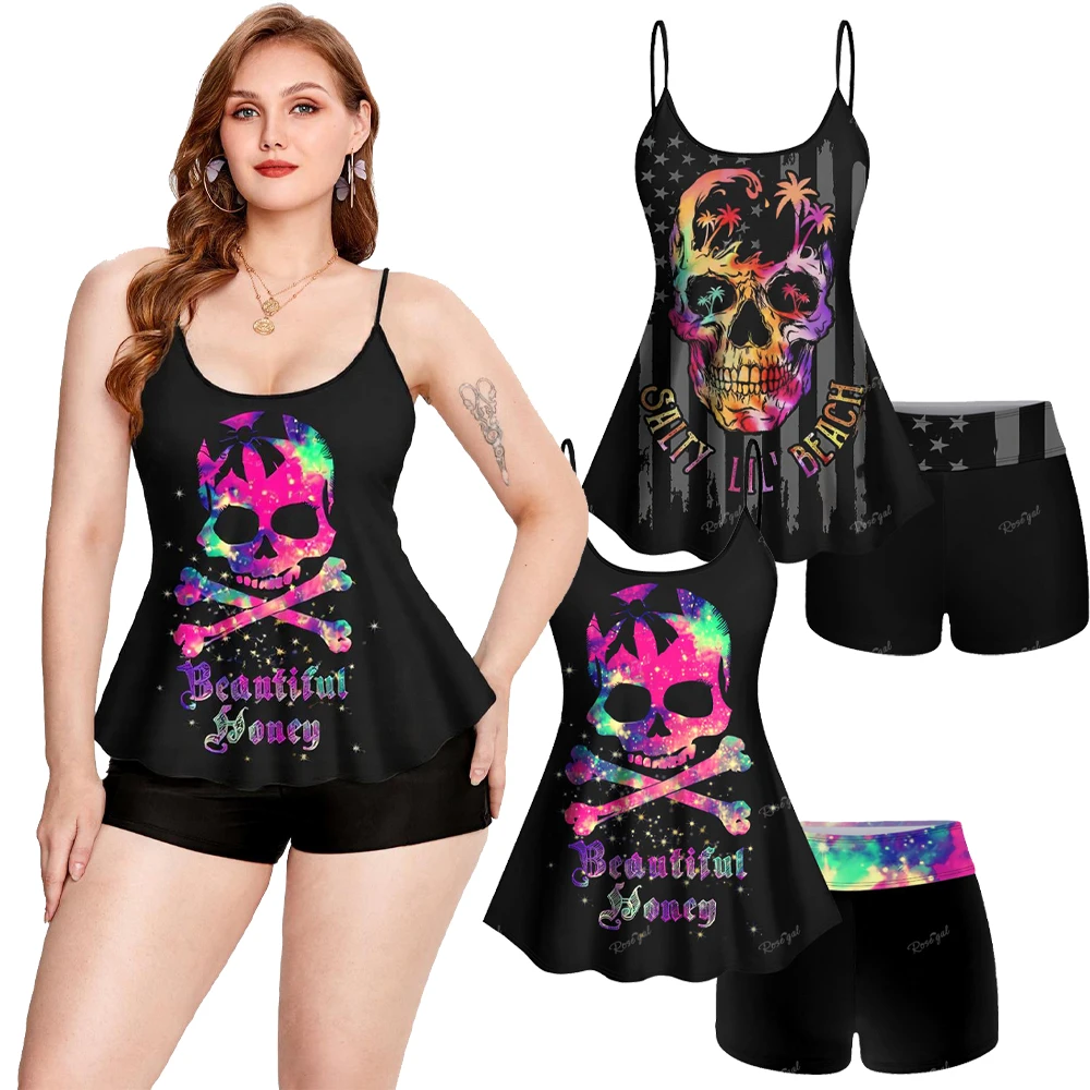 

Купальник ROSEGAL больших размеров, комплект из двух предметов, топ-танкини без косточек с принтом черепа и шорты-боксеры, женская пляжная одежда, купальники