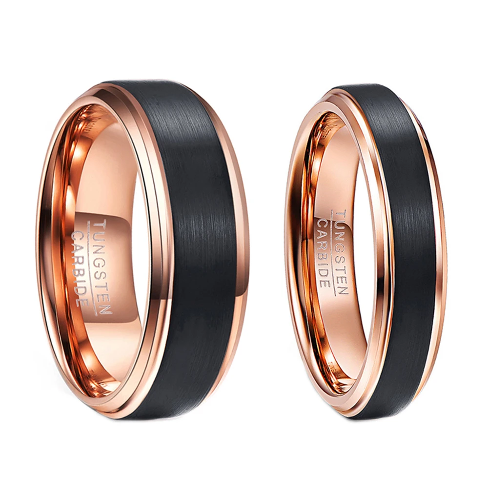 Bonlavie 6mm Rose Gold Color Tungsten Carbide Rings for Men Black Brushed Wedding Band Beveled Edge Comfort Fit Size 5-12