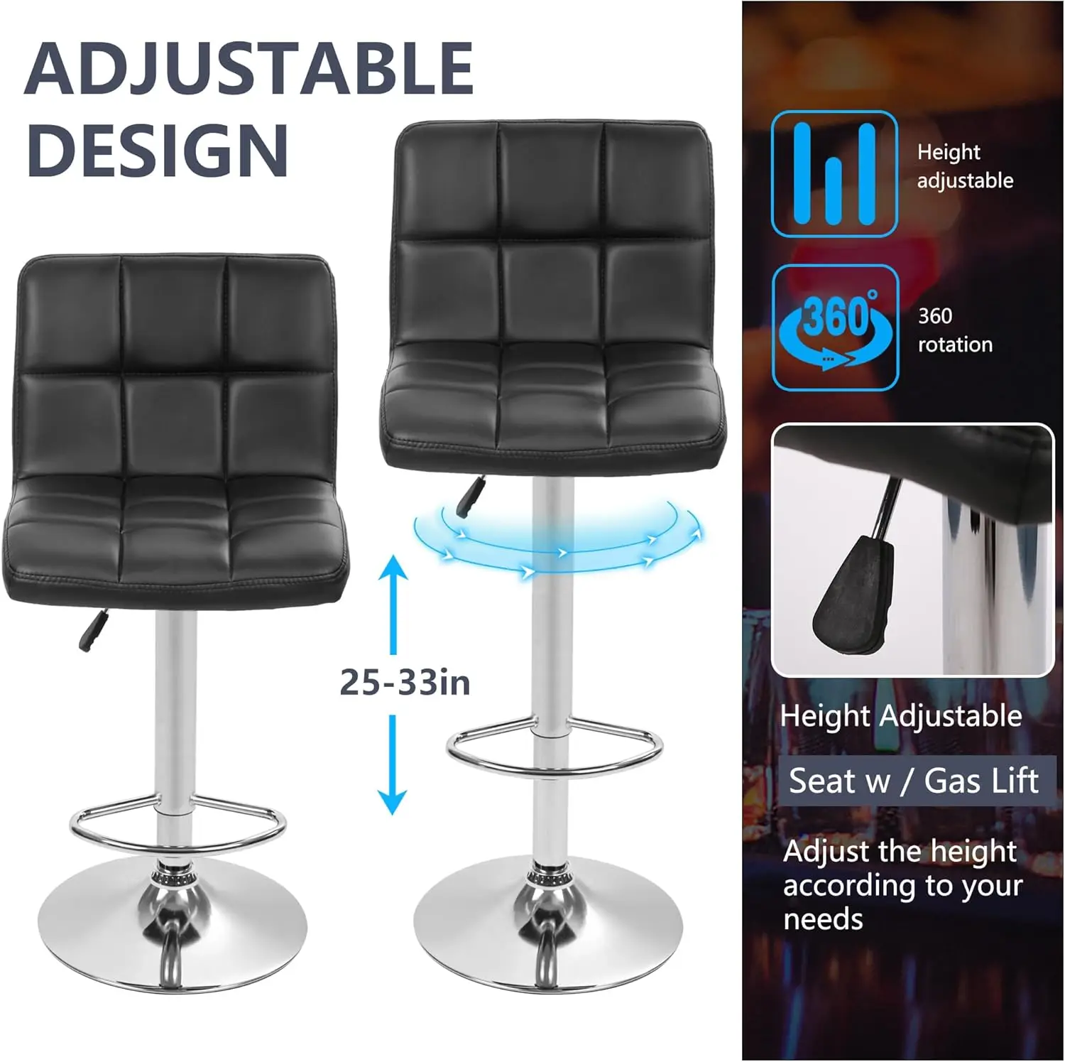 Altura regulável Swivel Bar Stool, Cadeiras de Bar, Barstools com Costas, PU Leather, Kitchen Counter, Novo, EUA