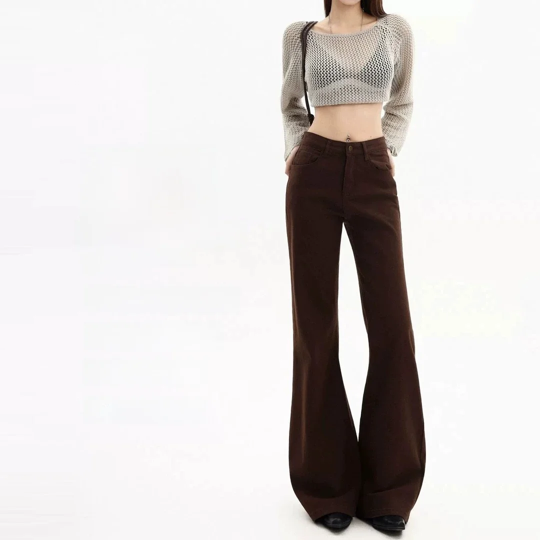 Cafe Brown Embroidered Micro Flared Denim Jeans Women's Fleece Lined Non Fitting Slimming Autumn Winter High Waist  ...