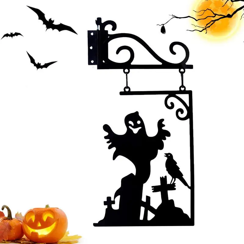 Metal Black Cat Yard Decor Halloween Metal Sign Wall Outdoor Decor Witch And Ghost Silhouette Decoration For Yard Stone Wall