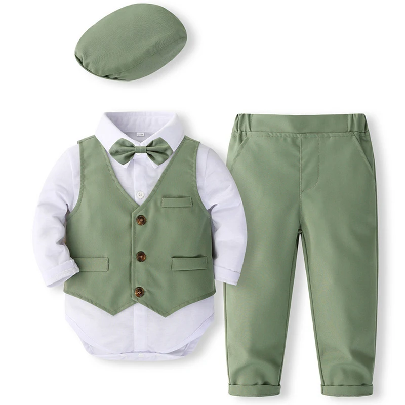 Spring Newborn Boy Clothes Korean Fashion Gentleman Vest+Jumpsuits+Pants+Hat Baby Clothing Set Toddler Boutique Outfits BC1568-1