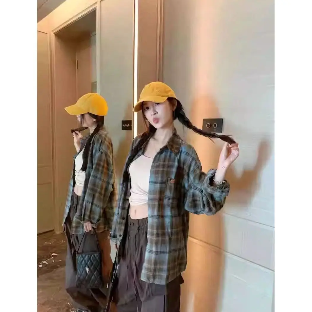 النمط الأمريكي خمر منقوشة قميص المرأة عادية فضفاضة تناسب الشارع ارتداء الراقية طويلة الأكمام الخريف سترة بلايز ملابس عصرية