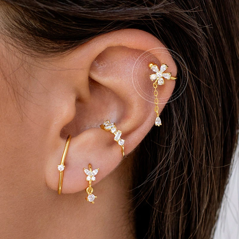 Plated 24K Gold Crystal Flower Clip Earrings Water Drop With Dangling Chain Earrings For Women Cartilage Ear Cuff Jewelry