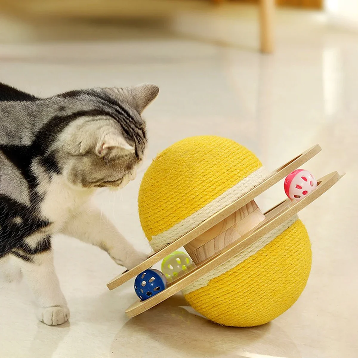 Rotating Planet Cat Toy - Wood & Sisal, Exercise & Entertainment, for Cats, Blue & Yellow Options