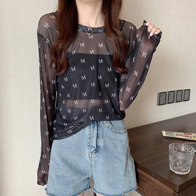 Estilo coreano malha de seda gelo protetor solar topo feminino verão manga longa camiseta moda solta ajuste praia cobrir casual interior wear