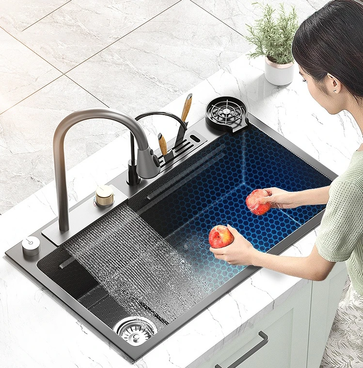 Fregadero de cascada de acero inoxidable 304, gran ranura individual, para lavar verduras, piscina, cocina, lavavajillas, lado izquierdo en relieve