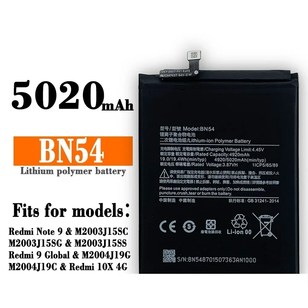 Phone Battery BN54 For XIAOMI Redmi Note 9 10X 4G POCO M2 9 Prime BN54 5020mAh 3.85V Lithium-ion New Batteries + Tools