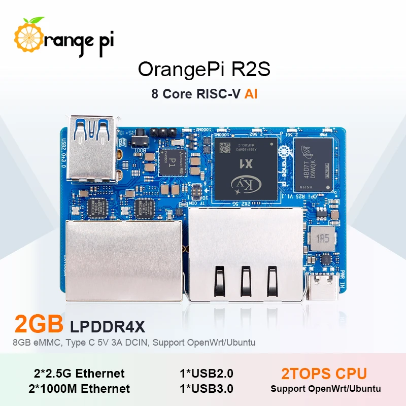Orange Pi R2S 2GB RAM RISC-V مجلس التنمية 8GB eMMC 2 قمم NPU 2x2.5G + 2x1000M جيجابت إيثرنت لوحة واحدة الكمبيوتر