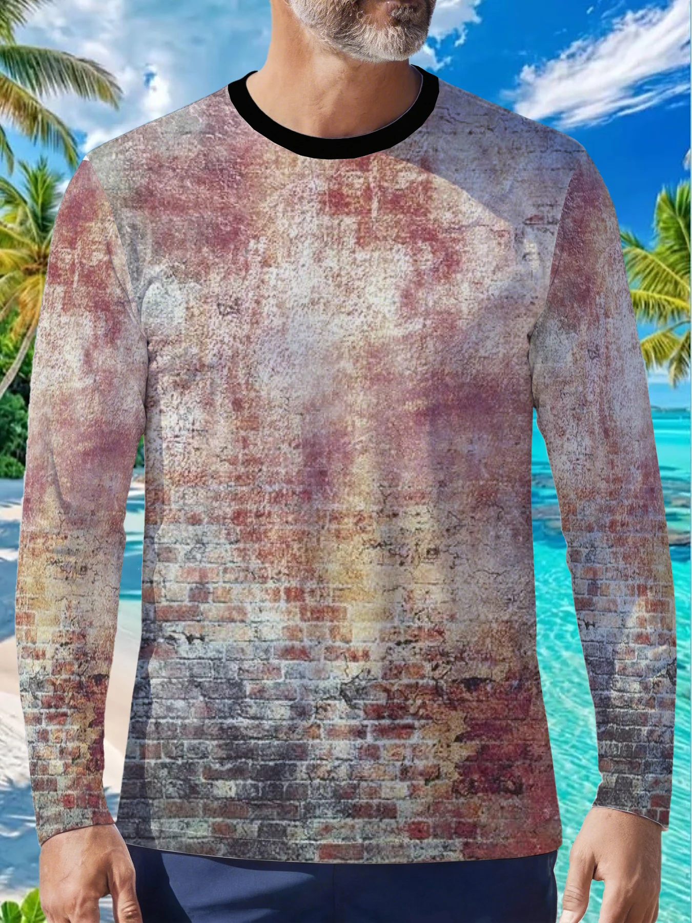 Vintage Distressed Grunge Texture Wall Mens Polyester Long Sleeve T Shirt Rustic Brick Faded Print Graphic Tee Retro Casual Stre