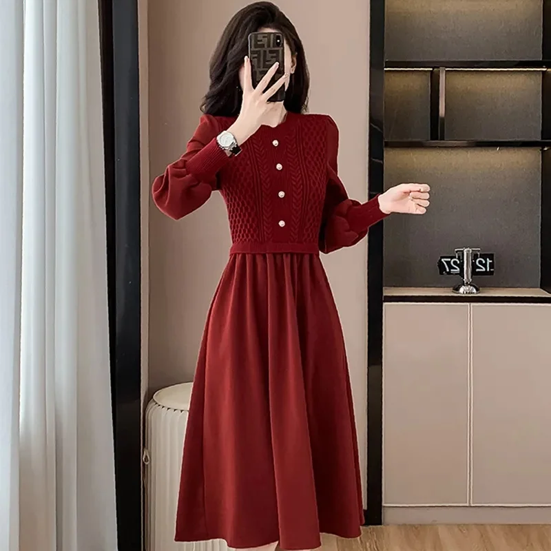 Women NewCasual O-Neck Long Dresses Autumn Ladies Long Styles Sweater Dress Female Lantern Sleeve Fake Two Pieces Knitted Dress