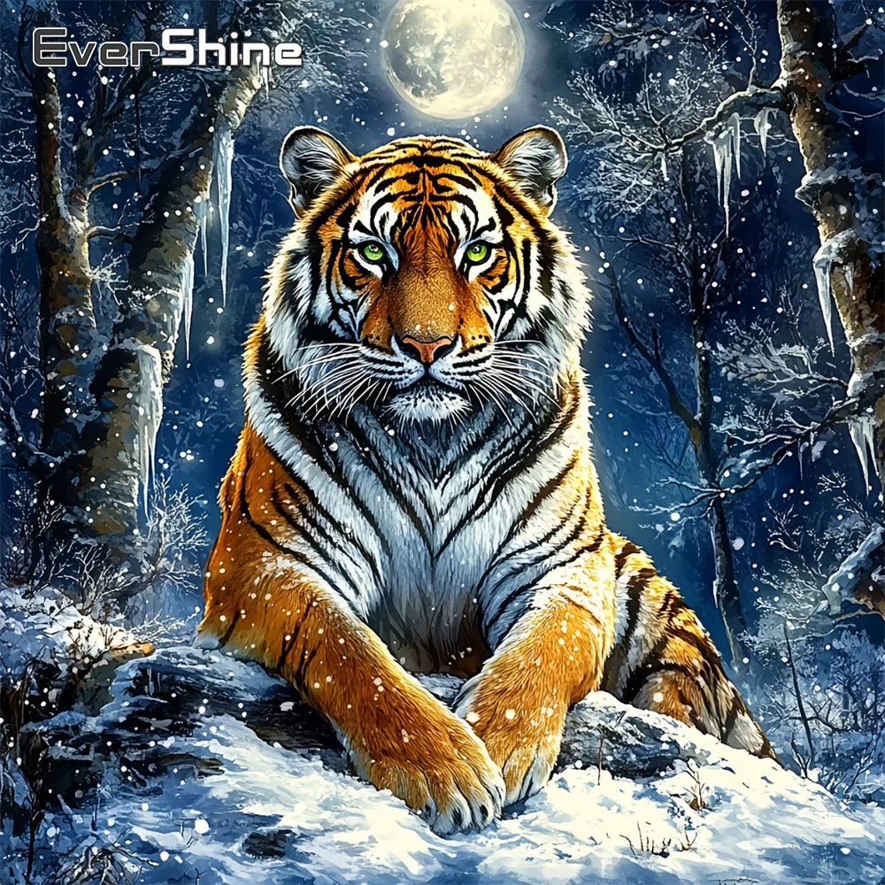EverShine Diamond Mosaic Tiger Full Drill Square Embroidery Animal Rhinestones Cross Stitch Painting Moon Winter Home Decor