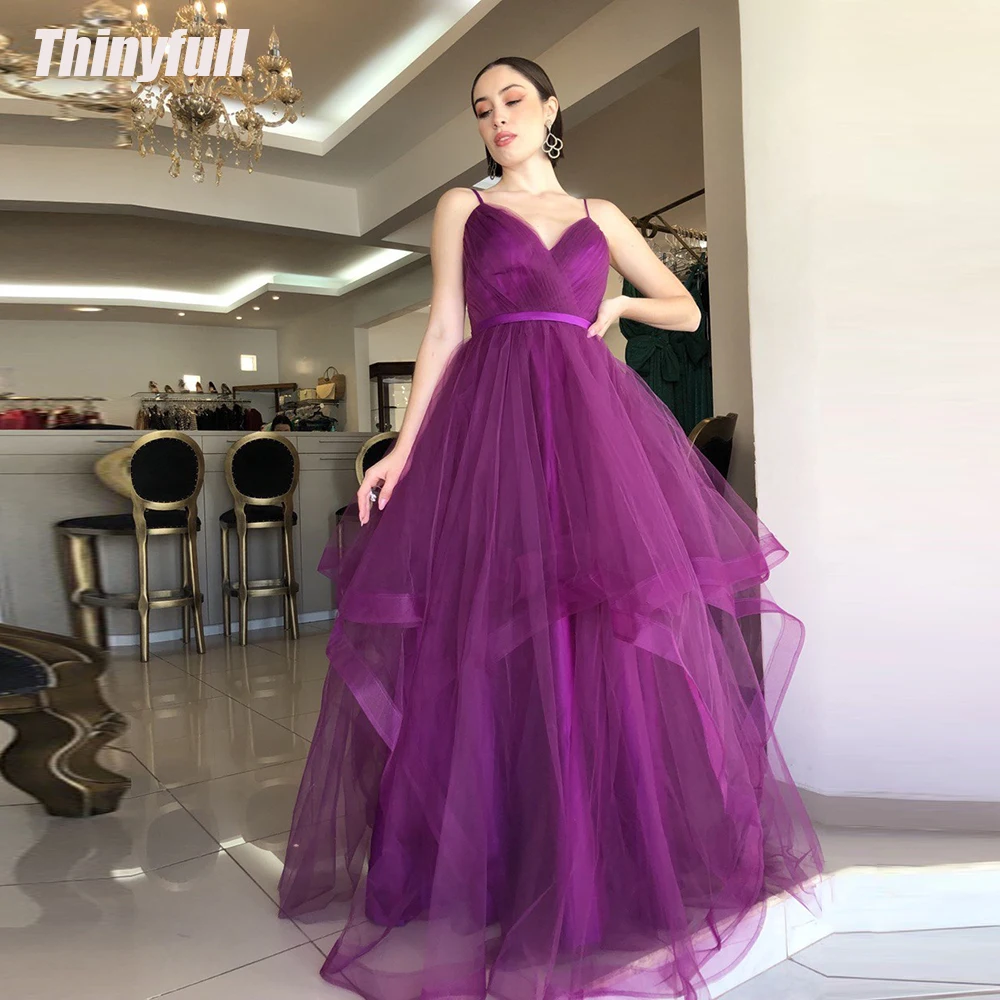 

Thinyfull A-line V-neck Prom Dresses Tulle Ruffles Spaghetti Strap Evening Party Gowns 2024 Lace Up Formal Occasion Dress