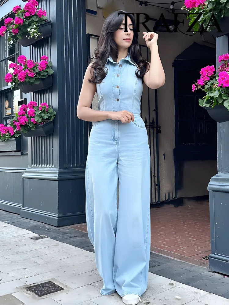 ​​TRAFZA Summer Fashion Women Jumpsuit Denim Blue Sleeveless Backless Pockets Single Breasted Female High Street Jumpsuits