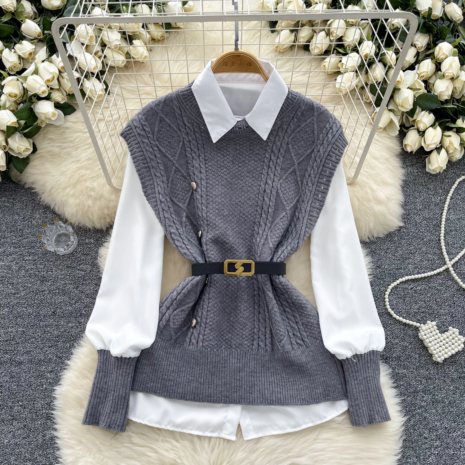 Autumn New Fashion Stacked Shirt Two Piece Set Women\'s Outfits Casual White Blouse and Knitted Pullover Vest Tops Suits Female