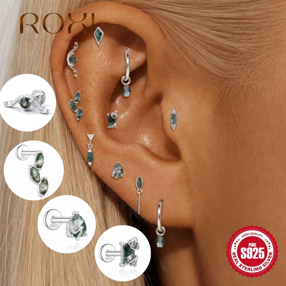 ROXI 1 pièce, boucle d'oreille clous en argent sterling 925 avec agate mousse en forme de feuille, pour femmes, élégante, pour tous les jours et les soirées, hypoallergénique, cadeau