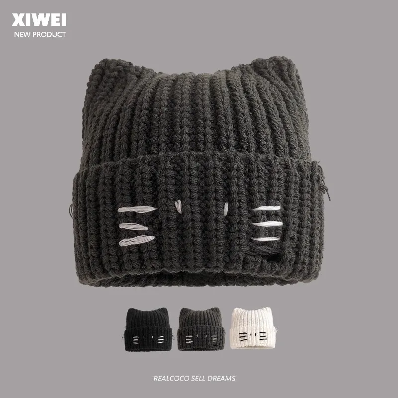 

Новые милые шапочки с кошачьими ушками Y2K, осенне-зимние теплые универсальные уличные трендовые индивидуальные пуловеры для мужчин и женщин