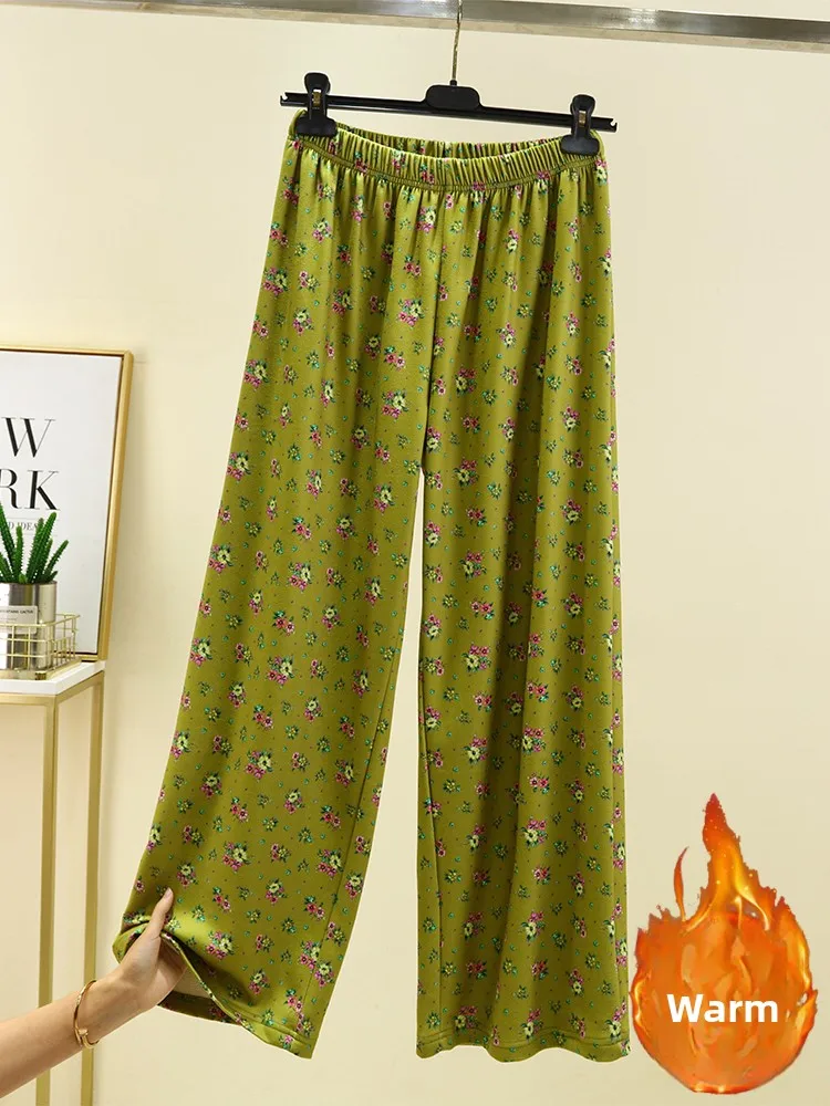 Women's Loose Fleece Lined Thickened Straight Leg Pants Winter Warm Floral Print Sleepwear Home Leisure Trousers