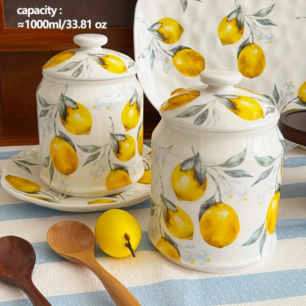 Lemon Patterned Ceramic Storage Jar 1000ml Large Capacity Storage Tank Tea Coffee Beans Candies Kitchen Seasoning Spice Jars